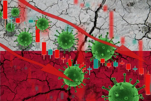 Flaga Polski Spadająca Waluta Tle Flagi Oraz Wahania Cen Wirusów — Zdjęcie stockowe