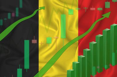 Belçika bayrağının arka planına karşı yükseliş ve ülkenin para birimi için artan fiyatlar. Şirketlerin ve kripto para birimlerinin yükselen hisse fiyatları.