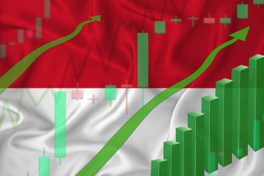 Endonezya bayrağının arka planına karşı yükseliş ve ülkenin para birimi için artan fiyatlar. Şirketlerin ve kripto para birimlerinin yükselen hisse fiyatları.