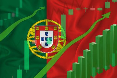 Polonya bayrağının arka planına karşı yükseliş ve ülkenin para birimi için yükselen fiyatlar. Şirketlerin ve kripto para birimlerinin yükselen hisse fiyatları.