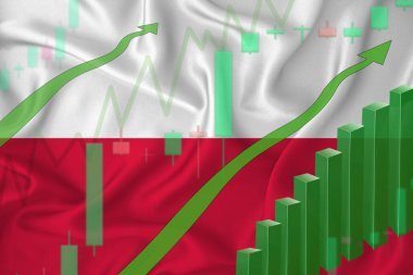 Polonya bayrağının arka planına karşı yükseliş ve ülkenin para birimi için yükselen fiyatlar. Şirketlerin ve kripto para birimlerinin yükselen hisse fiyatları.