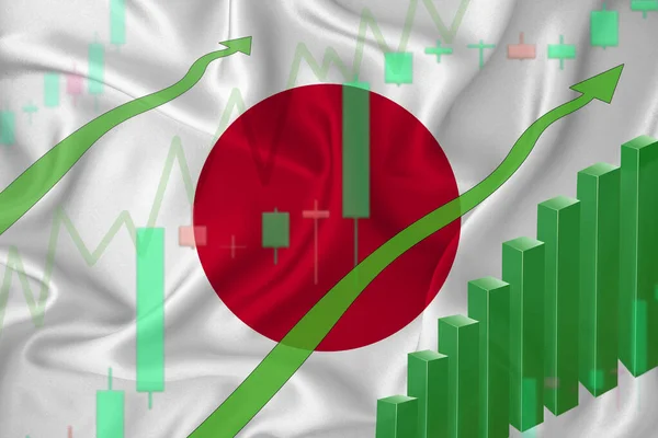 Rising against the background of the flag of Japan and rising prices for the currency of the country. Rising stock prices of companies and cryptocurrencies.