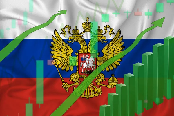 Rising against the background of the flag of Russia and rising prices for the currency of the country. Rising stock prices of companies and cryptocurrencies.