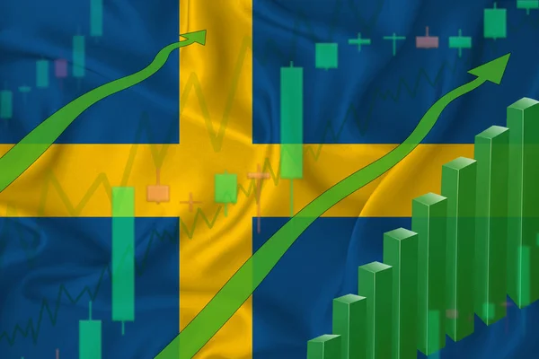 スウェーデンの国旗を背景に上昇し 国の通貨の価格上昇 企業や暗号通貨の株価の上昇 — ストック写真