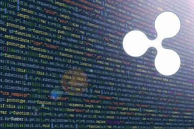 Yazılım Geliştirici Programı Kodu. Soyut bilgisayar programı kodu. Kod satırları, Javascript, CSS ve HTML. Hackleme kodlama konsepti. Yazılım için kaynak kod. XRP kripto para birimi simgesi.