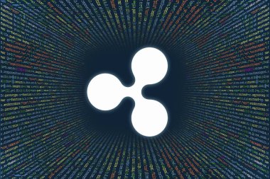 Bilgisayar programı kodundan bir tünel. Kod Dizileri, Javascript, CSS ve PHP programcıları. Hackleme kodlama konsepti. Yazılım için kaynak kod. XRP kripto para birimi simgesi.