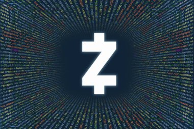 Bilgisayar programı kodundan bir tünel. Kod Dizileri, Javascript, CSS ve PHP programcıları. Hackleme kodlama konsepti. Yazılım için kaynak kod. Zcash (ZEC) şifreleme para birimi sembolü.