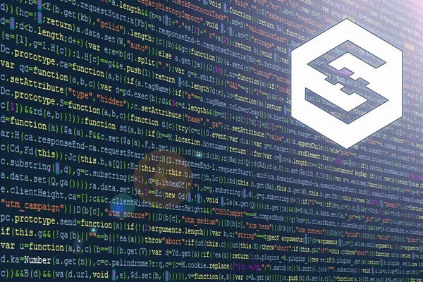 Software Developer Program Code. Abstract computer program code. Lines of code, Javascript, CSS and HTML. Hacking coding concept. Source code for software. IOST cryptocurrency symbol.