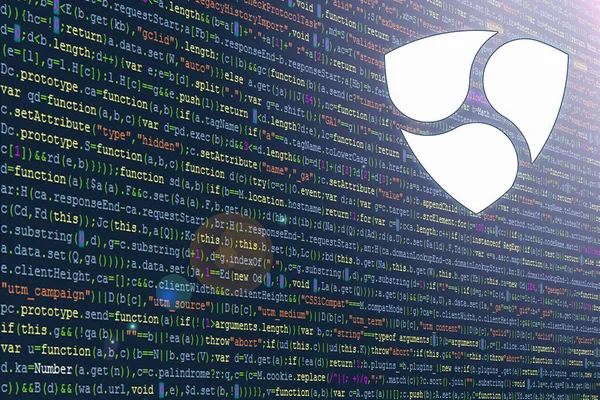软件开发人员程序代码 摘要计算机程序代码 代码行 Javascript Css和Html 黑客攻击编码概念 软件的源代码 Nem Xem 加密货币符号 — 图库照片