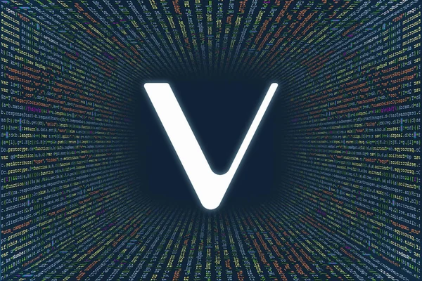 计算机程序代码中的隧道 程式码 Javascript Css和Php的串行 黑客攻击编码概念 软件的源代码 Vechain Vet 加密货币符号 — 图库照片