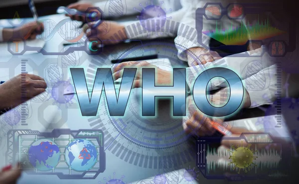 A team of doctors works with a futuristic hologram of technology and the inscription: WHO. World Health Organization concept.