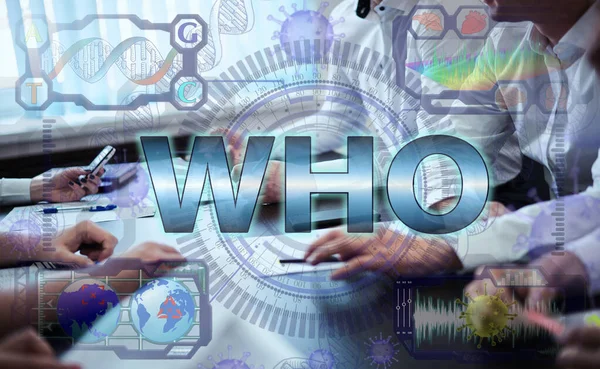 A team of doctors works with a futuristic hologram of technology and the inscription: WHO. World Health Organization concept.