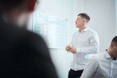 Modern bir ofisteki bir grup iş adamı fikir üreten ve iş planı hazırlayan iş adamları. İş adamları bir planlama toplantısında masada oturuyorlar. İş konsepti.