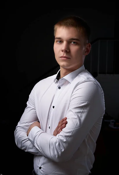 Closeup Portrait Young Man Happy Cheerful Handsome Businessman Standing Modern — Stock Photo, Image