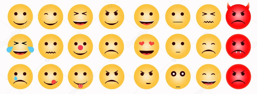 A great set of yellow emotions isolated on a white background: sadness, fear, happiness, anger, sadness, joy.