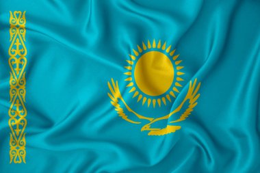 Arka planda Kazakistan bayrağı var. Tasarımcı çözümleri kavramı.
