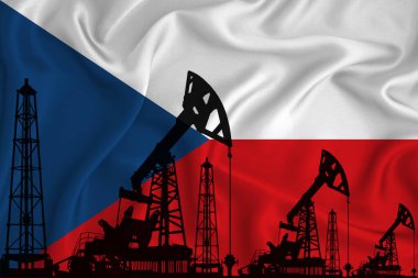 Çek bayrağının arka planında sondaj kulesi ve petrol kuyusu silueti var. Petrol ve gaz endüstrisi. Petrol alanları ve petrol şirketleri kavramı.