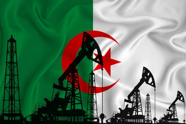 Silhouette of drilling rigs and oil derricks on the background of the flag of Algeria. Oil and gas industry. The concept of oil fields and oil companies.