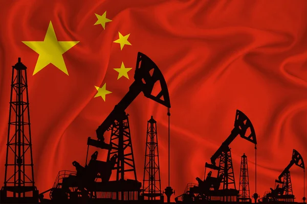 Silhueta Plataformas Perfuração Derricks Petróleo Fundo Bandeira China Indústria Petróleo — Fotografia de Stock