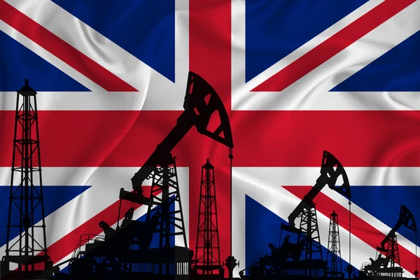 Silhouette Drilling Rigs Oil Derricks Background Flag Great Britain Oil — Stock Photo, Image