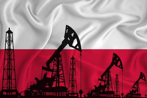 Silhouette of drilling rigs and oil derricks on the background of the flag of Poland. Oil and gas industry. The concept of oil fields and oil companies.