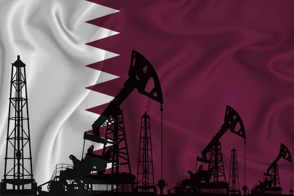 Silhouette of drilling rigs and oil derricks on the background of the flag of qatar. Oil and gas industry. The concept of oil fields and oil companies.