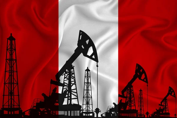 Silhouette of drilling rigs and oil derricks on the background of the flag of Peru. Oil and gas industry. The concept of oil fields and oil companies.