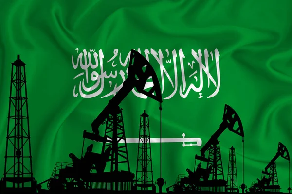 Silhouette Drilling Rigs Oil Derricks Background Flag Saudi Arabia Oil — Stock Photo, Image