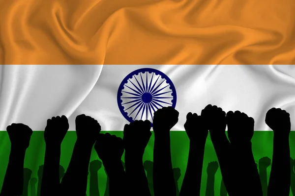 Силуэт Поднятых Рук Сжатых Кулаков Фоне Флага Индии Понятие Власти — стоковое фото