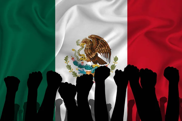 Silueta Brazos Levantados Puños Apretados Fondo Bandera México Concepto Poder — Foto de Stock