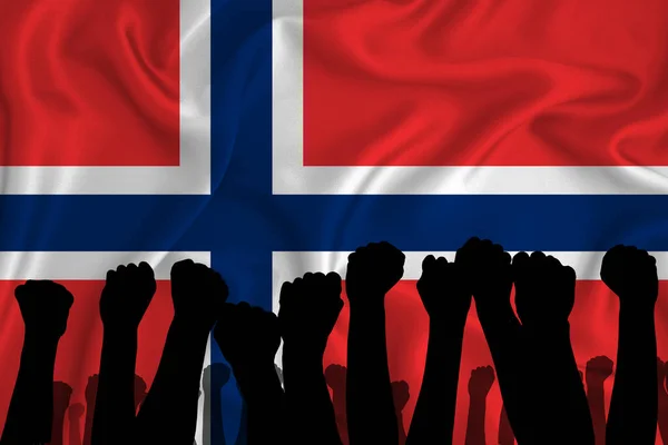 ノルウェーの国旗を背景に腕を上げ拳を握り締めたシルエット 紛争の概念 テキストの代わりに — ストック写真