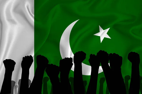 Sziluett Felemelt Karokkal Ökölbe Szorított Öklökkel Pakisztáni Zászló Hátterében Hatalom — Stock Fotó