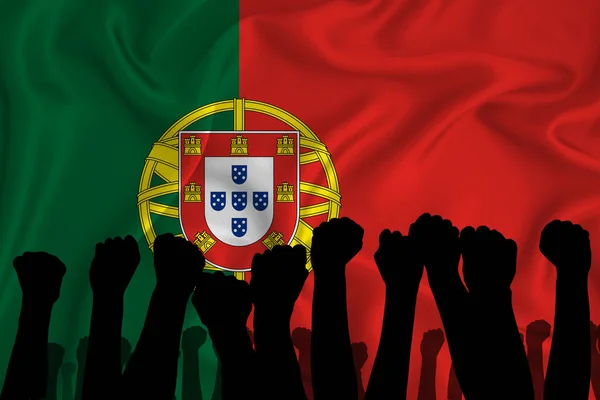 Silueta Brazos Levantados Puños Apretados Fondo Bandera Portugal Concepto Poder —  Fotos de Stock