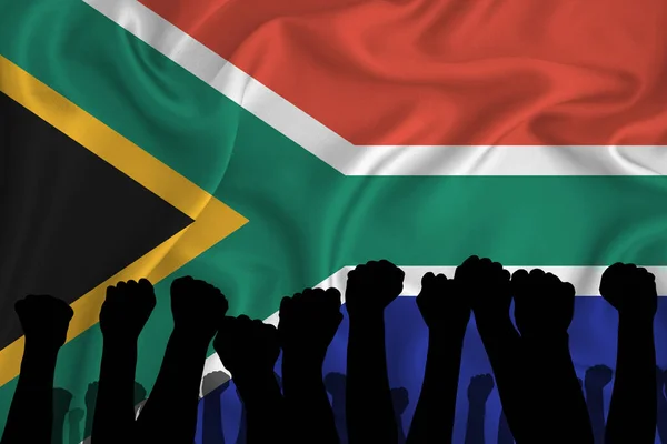 Silueta Brazos Levantados Puños Apretados Fondo Bandera Sudáfrica Concepto Poder — Foto de Stock