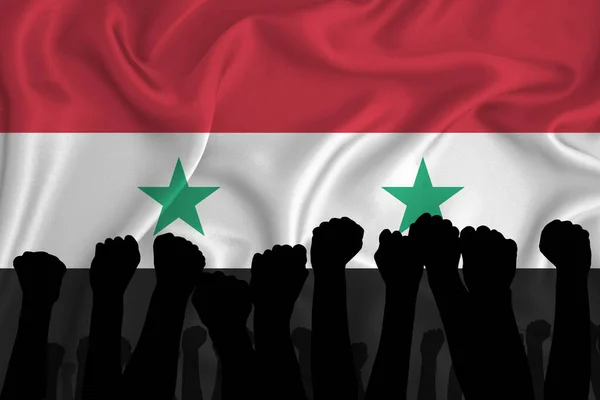 Силуэт Поднятых Рук Сжатых Кулаков Фоне Флага Сирии Понятие Власти — стоковое фото
