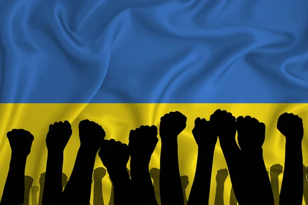 Sziluett Felemelt Karok Ökölbe Szorított Öklök Háttérben Zászló Ukrajna Hatalom — Stock Fotó