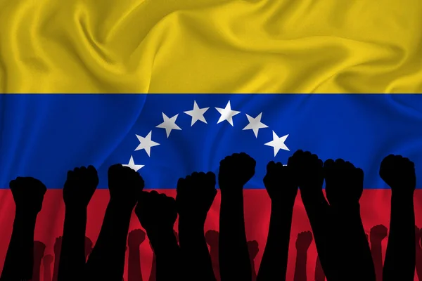 Silhouette Raised Arms Clenched Fists Background Flag Venezuela Concept Power — Stock Photo, Image