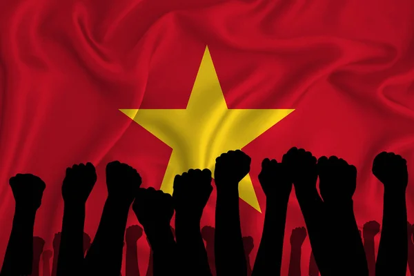 Silhouette of raised arms and clenched fists on the background of the flag of Vietnam. The concept of power, power, conflict. With place for your text.