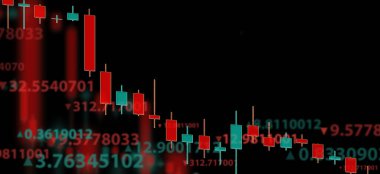 İş ve finans, teknoloji, kripto para birimi, hisse senedi krizi, düşen fiyatlar, düşüş grafiği veya Forex grafiği, ekonominin siyah arka plandaki çöküşü