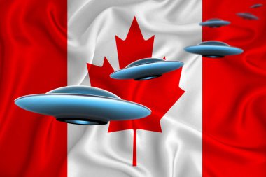 Kanada bayrağı sallıyor. Bayrağın arkasında UFO grubu var. Ülkede UFO haber kavramı. 3B görüntüleme