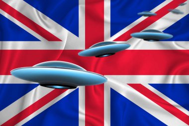Büyük Britanya bayrağı sallıyor. Bayrağın arkasında UFO grubu var. Ülkede UFO haber kavramı. 3B görüntüleme