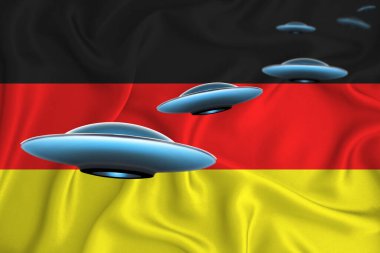 Almanya bayrağı sallıyor. Bayrağın arkasında UFO grubu var. Ülkede UFO haber kavramı. 3B görüntüleme