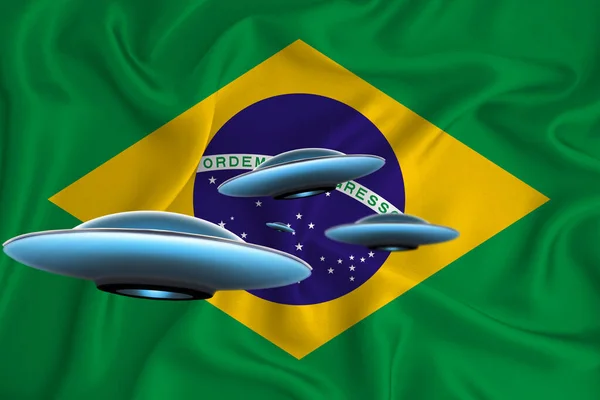 브라질의 웨이브 플래그 배경에 Ufo Ufo 전국에 렌더링 — 스톡 사진