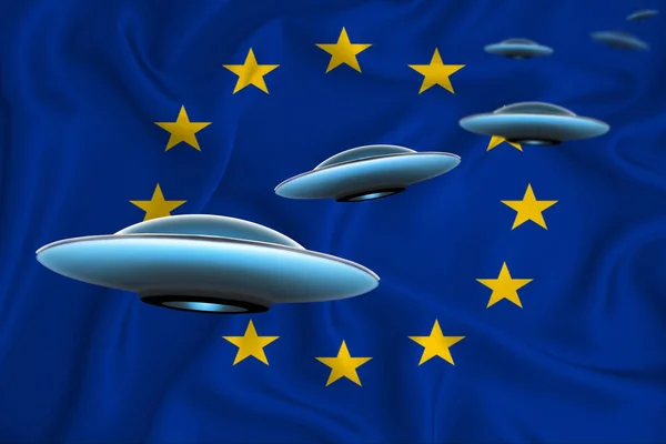 飘扬的欧洲联盟旗帜 Ufo小组在旗帜的后面 Ufo新闻在国内的概念 3D渲染 — 图库照片