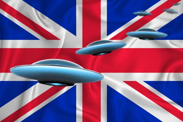 Waving flag of Great Britain. UFO group on the background of the flag. UFO news concept in the country. 3D rendering