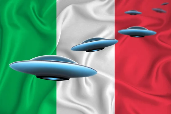 Waving flag of Italy. UFO group on the background of the flag. UFO news concept in the country. 3D rendering