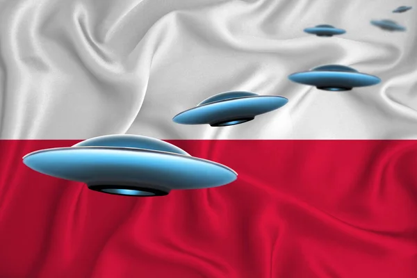 波兰飘扬的国旗 Ufo小组在旗帜的后面 Ufo新闻在国内的概念 3D渲染 — 图库照片