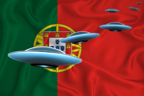 Vinka Portugals Flagga Ufo Grupp Bakgrunden Flaggan Ufo Nyheter Koncept — Stockfoto