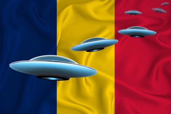 Viftar Med Rumäniens Flagga Ufo Grupp Bakgrunden Flaggan Ufo Nyheter — Stockfoto