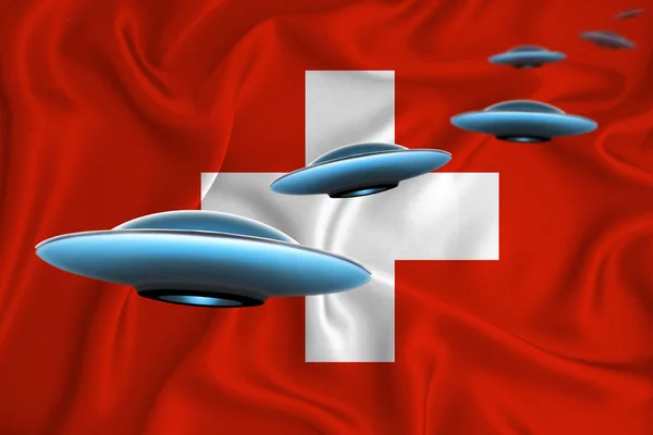 Flagge Der Schweiz Schwenkend Ufo Gruppe Auf Dem Hintergrund Der — Stockfoto